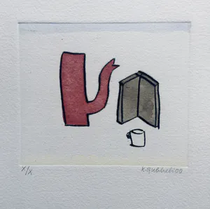 Klaas Gubbels - ets met aquarel ingekleurd - ‘Rode kan met boek’ kopen? Bied vanaf 245!