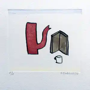 Klaas Gubbels - ets met aquarel ingekleurd - ‘Rode kan met boek’ verkocht voor € 245!