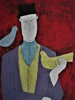 Annora Spence - Groot Litho van bekende Britse Grafica "Man with Bird cage" fraai ingelijst! kopen? Bied vanaf 10!