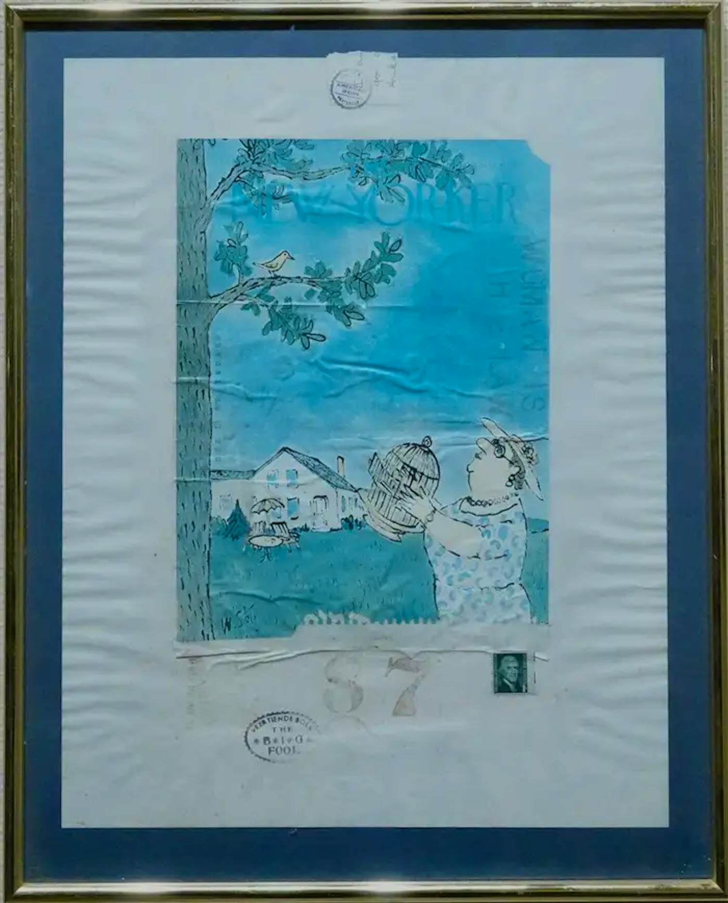 Viktor IV - Ingelijste gemengde techniek met collage: Vrouw met vogelkooi - 1991 kopen? Bied vanaf 199!