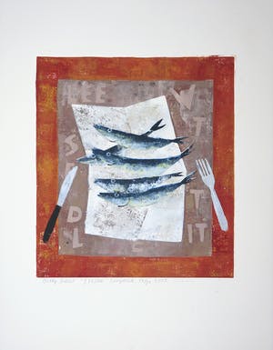 Betty Scheer - Linosnede, 5 vissen kopen? Bied vanaf 35!