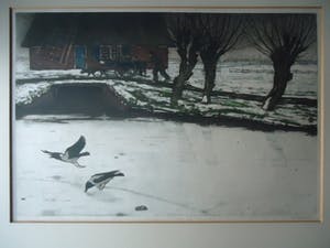 Tjeerd Bottema - bonte kraaien op het ijs- molen met hondenkar en knotwilgen kopen? Bied vanaf 40!