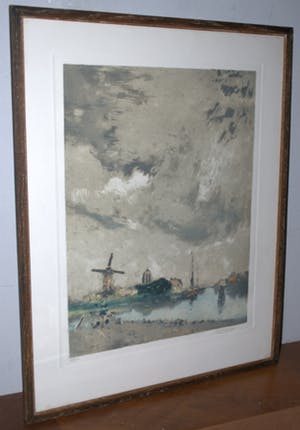 Henry Cassiers - ets/aquatint = waterlandschap met molen = kopen? Bied vanaf 55!