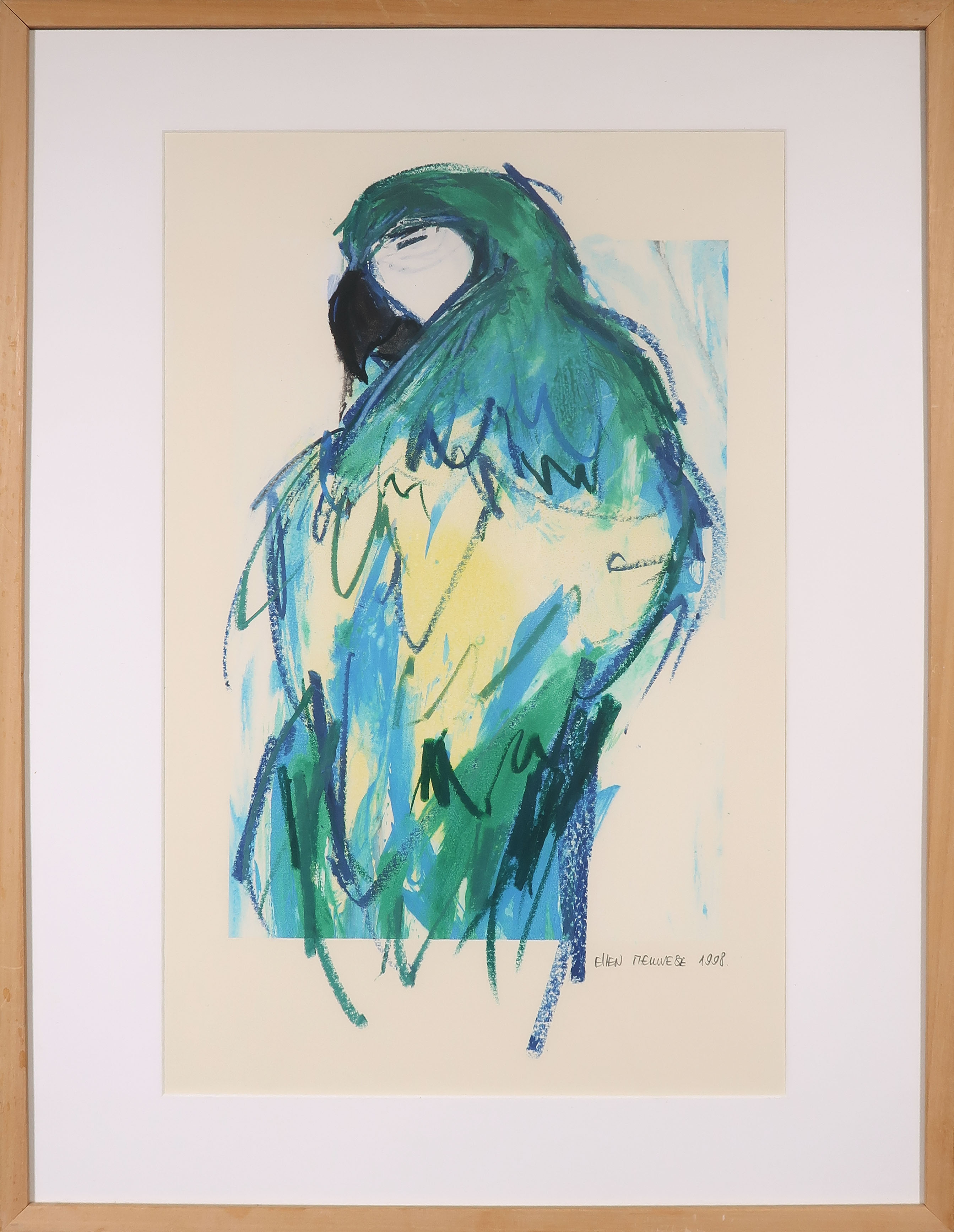 Ellen Meuwese - Gemengde techniek op papier, o.a. gouache en krijt, Papegaai - Ingelijst verkocht voor € 100!