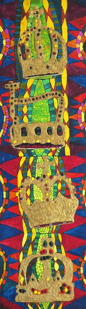 Rene van der Wiel - Gemengde techniek op doek, Kronen in glas en lood (Zeer groot) verkocht voor € 1!