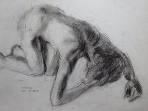 Niet of onleesbaar gesigneerd - potlood tekening van Schuilend naakt figuur kopen? Bied vanaf 1!