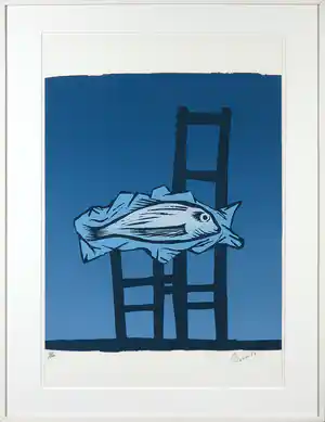 Wally Elenbaas - Zeefdruk, De vis - Ingelijst verkocht voor € 50!