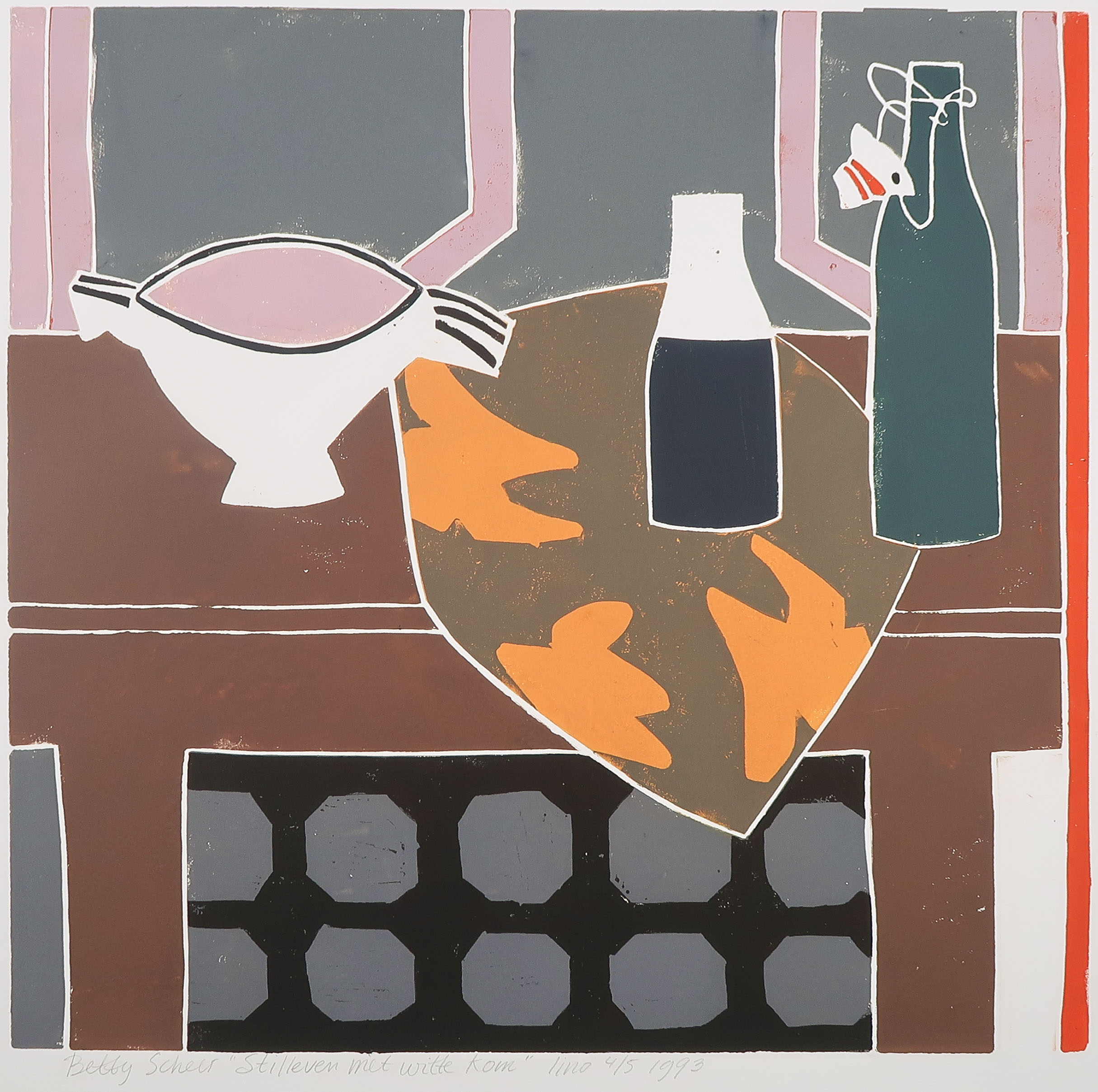 Betty Scheer - Linosnede, Stilleven met witte kom kopen? Bied vanaf 1!