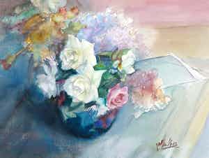 Jan van der Veer - Aquarel, Bloemstilleven verkocht voor € 35!