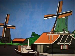 Laan Irodjojo - Outsider Art - GROOT Acrylverf op doek "Hollands Polderlandschap met Molens" ges kopen? Bied vanaf 20!