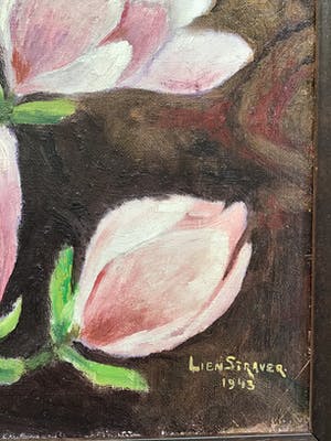 Lien Straver - Schilderij Magnolia’s, gesigneerd en ingelijst,olieverf op doek kopen? Bied vanaf 25!