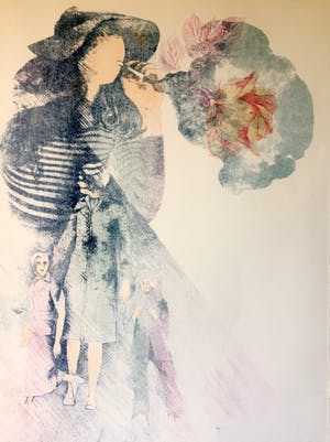 Yoshiya Kay - "Vrouw met Bloemenrook" - Lithografie kopen? Bied vanaf 30!