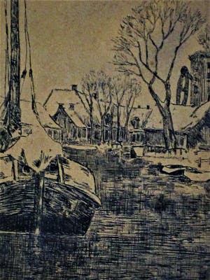 Niet of onleesbaar gesigneerd - Fraaie droge-naald ETS "afgemeerde boten aan kade" niet gesigneerd kopen? Bied vanaf 10!