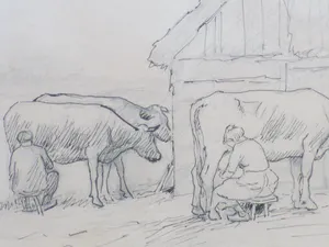 Alphonse Stengelin - Melktijd - Inkttekening en potlood kopen? Bied vanaf 55!
