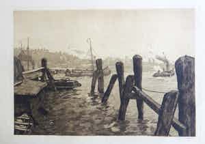 Jan Sirks - Havengezicht van Rotterdam met bedrijvigheid op het water. verkocht voor € 30!