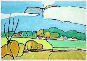 Paul Overhaus - Olieverf op doek, Ardens landschap met koolzaad II - Ingelijst verkocht voor € 80!