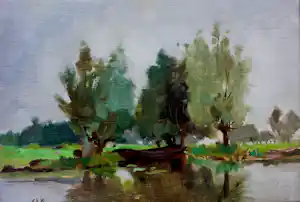 Edzard Koning - Olieverf op board: Landschap verkocht voor € 180!