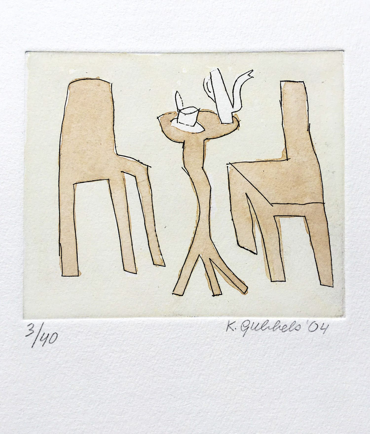 Klaas Gubbels - ets met aquarel ingekleurd - ‘Interieur met servies’ - 2004 kopen? Bied vanaf 245!