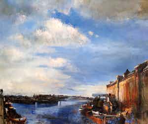 Klaas Werumeus Buning - Friese binnenhaven, olieverf op doek (mooi ingelijst, zeer groot!) verkocht voor € 1500!