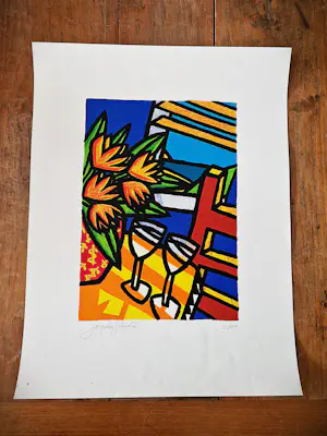 Jacqueline Schäfer - mooie grote kleuren zeefdruk - tafel met glazen en plant - 1996 - gelimt. oplage kopen? Bied vanaf 38!