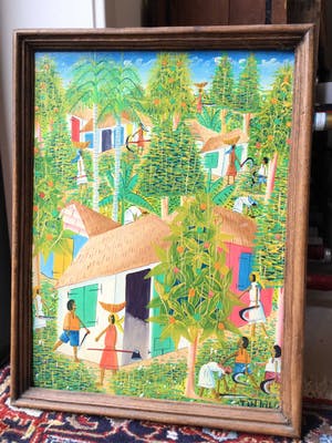 Niet of onleesbaar gesigneerd - C4125-9 - Naïeve voorstelling van dorpje in de jungle kopen? Bied vanaf 10!