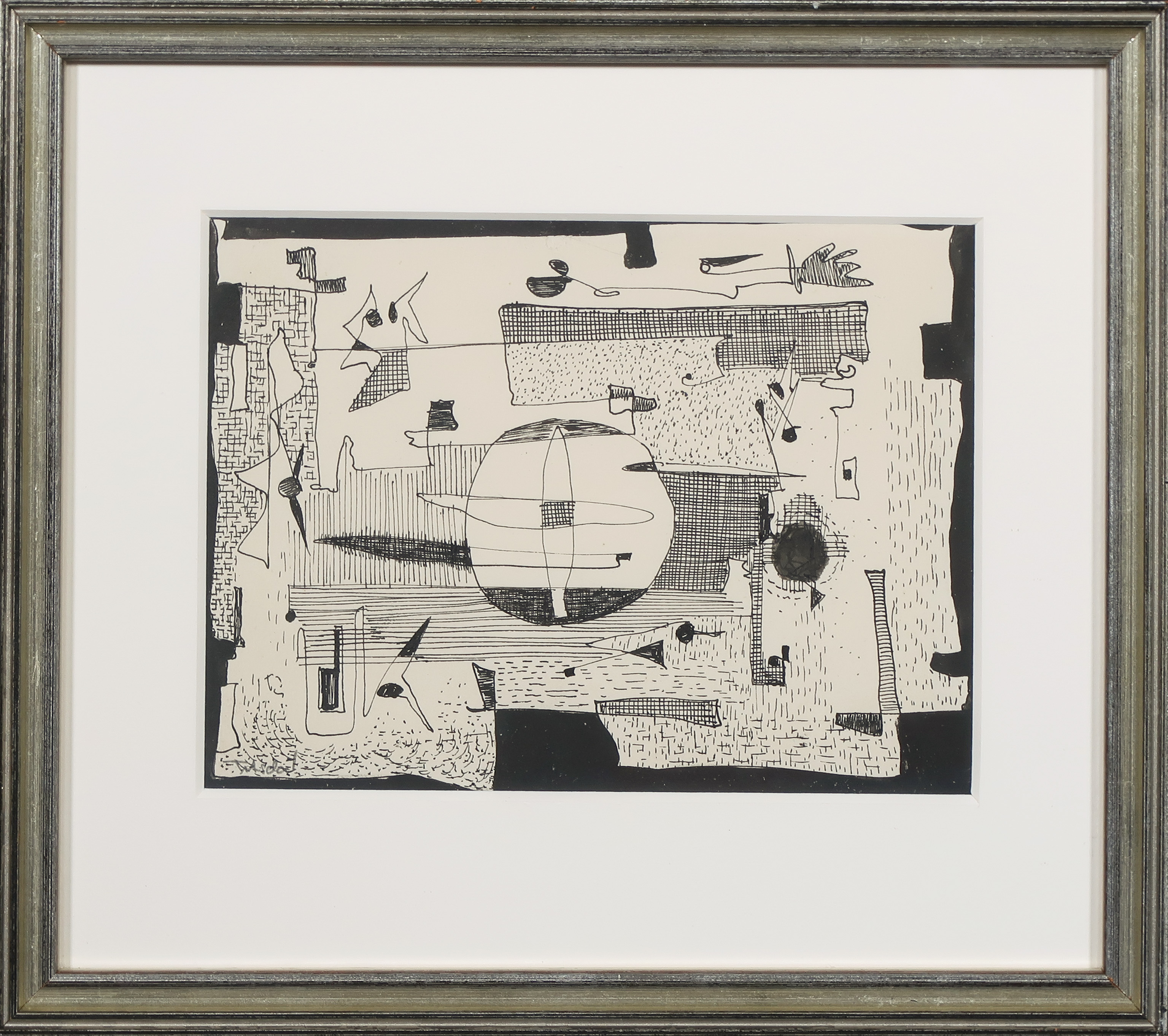 Henri Titselaar - Inkttekening, Abstracte compositie + boek - Ingelijst verkocht voor € 40!