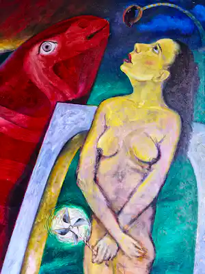 Jayakumar Reddy - bekende Indiase kunstschilder - groot olieverf "exit from the other world" gesig verkauft für € 63!