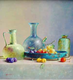 Hans Habraken - Mooi groot stilleven van oude flessen en een fruitschaal. verkocht voor € 795!