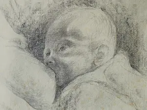 Jan Sluijters (jr.) - in 1941 gemaakte potlood tekening - pasgeboren baby - kerstmis 1941 kopen? Bied vanaf 31!