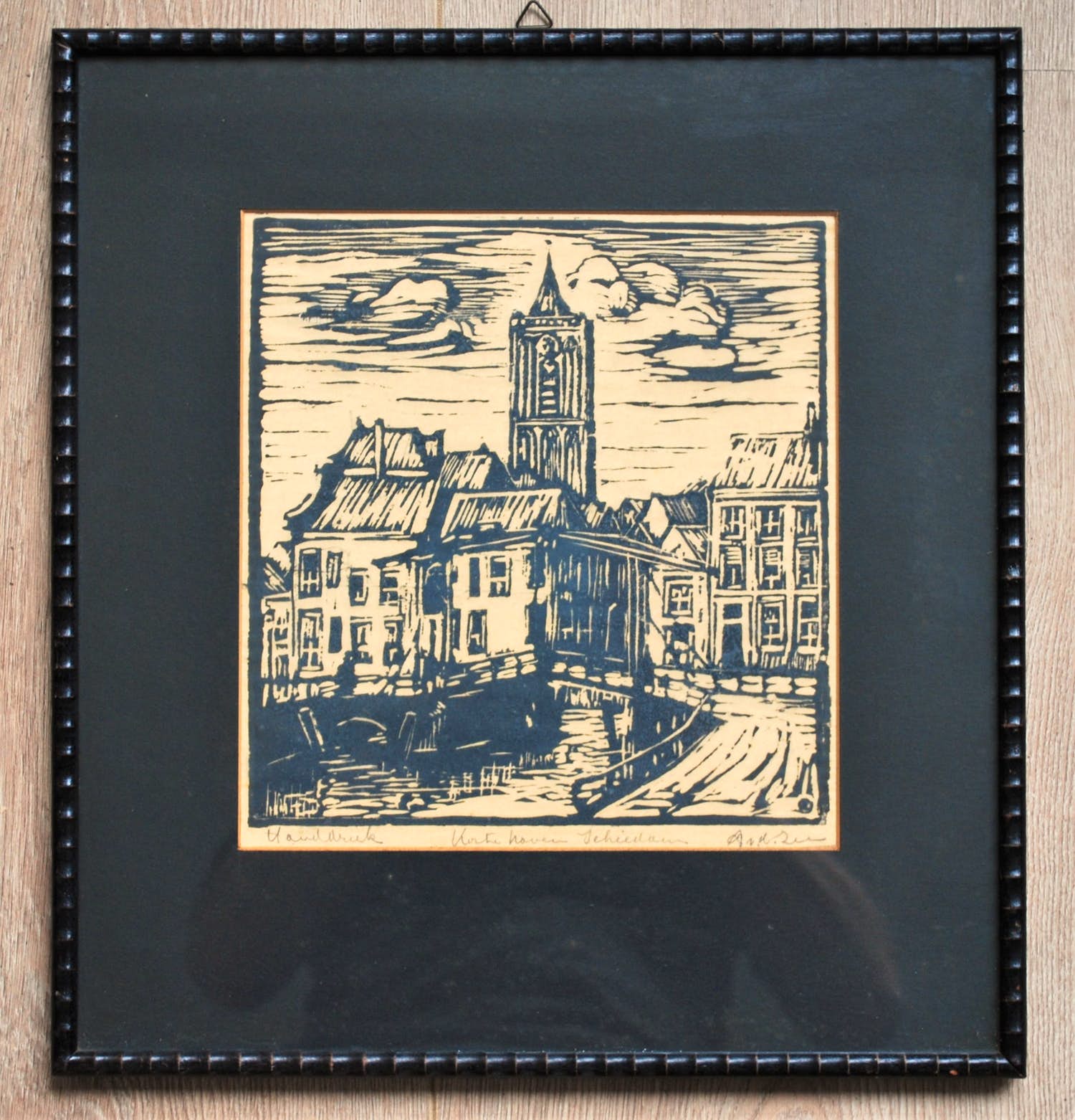 Abraham van der Zee - zeldzame houtsnede van de Korte Havenbrug te Schiedam - verkocht voor € 50!