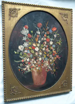 Niet of onleesbaar gesigneerd - Ovaal ingelijst , Olieverf op doek , Bloemstilleven – ca. 1950 kopen? Bied vanaf 1!