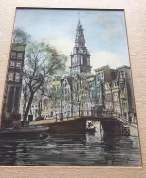 Johannes Josseaud - Amsterdamse gracht met Zuiderkerk | gekleurde litho (uniek)- ingelijst kopen? Bied vanaf 45!