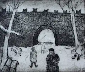 Jeanne Bieruma Oosting - Ets: 'Een winter in Rusland', Brug bij het Kremlin - 1970 kopen? Bied vanaf 250!