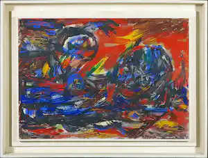 Klaas Boonstra - Olieverf op board, Abstracte voorstelling in rood, blauw en geel - Ingelijst verkauft für € 50!