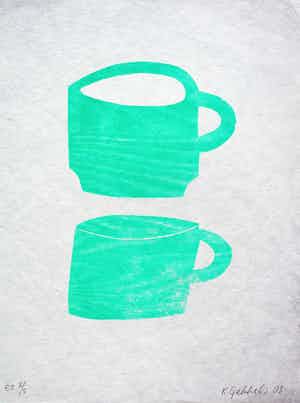 Klaas Gubbels - Houtdruk: 2 kopjes - 2003 verkocht voor € 295!