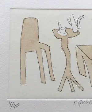 Klaas Gubbels - ets met aquarel ingekleurd - ‘Interieur met servies’ - 2004 kopen? Bied vanaf 245!