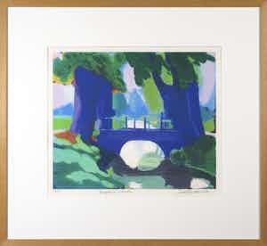 Jentsje Popma - Zeefdruk, Bruggetje bij Giessendam - Ingelijst verkocht voor € 70!