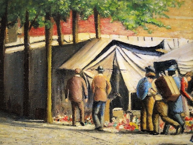 Niet of onleesbaar gesigneerd - Leuk ca. 1920 olieverf "Amsterdam marktdag op Nieuwmarkt" gesigneerd kopen? Bied vanaf 1!