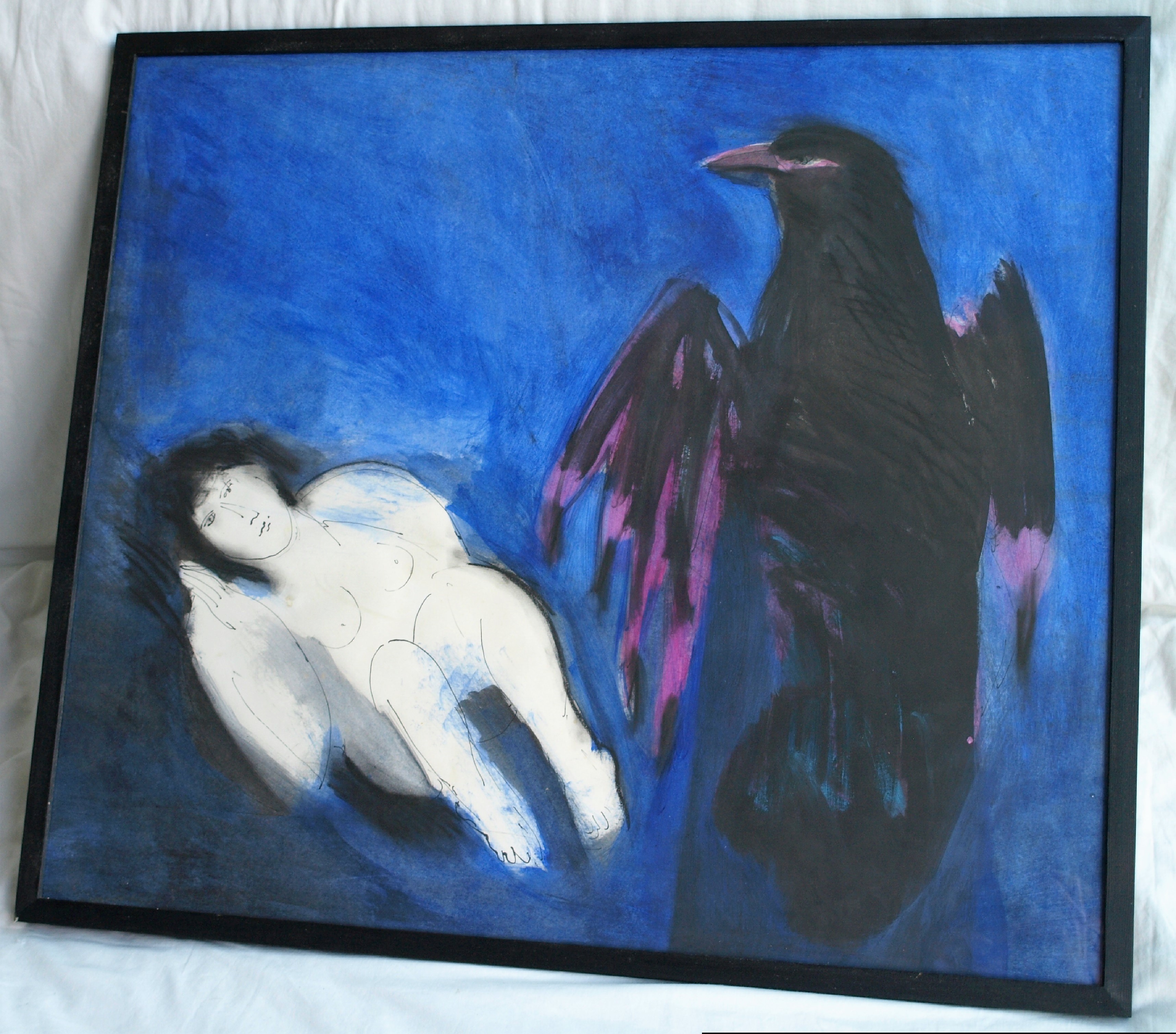Anke Engelse - Acrylverf en inkt , Vrouw met Kraai –gesigneerd & ingelijst – 1993 kopen? Bied vanaf 75!