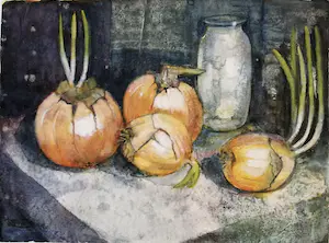 Janny Tollenaar - Aquarel stilleven met uien en pot kaufen? Bieten Sie von 29!
