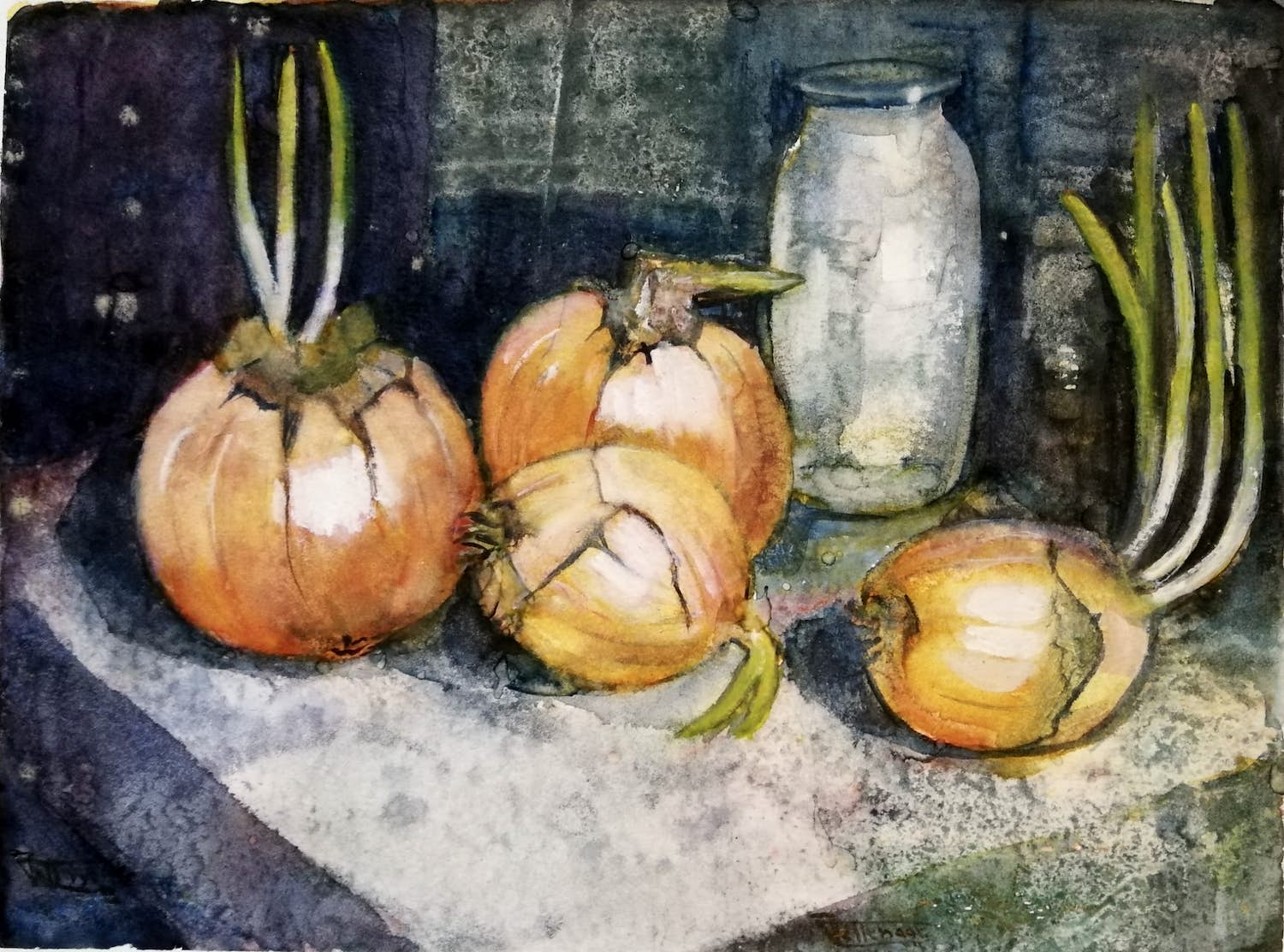 Janny Tollenaar - Aquarel stilleven met uien en pot kopen? Bied vanaf 29!