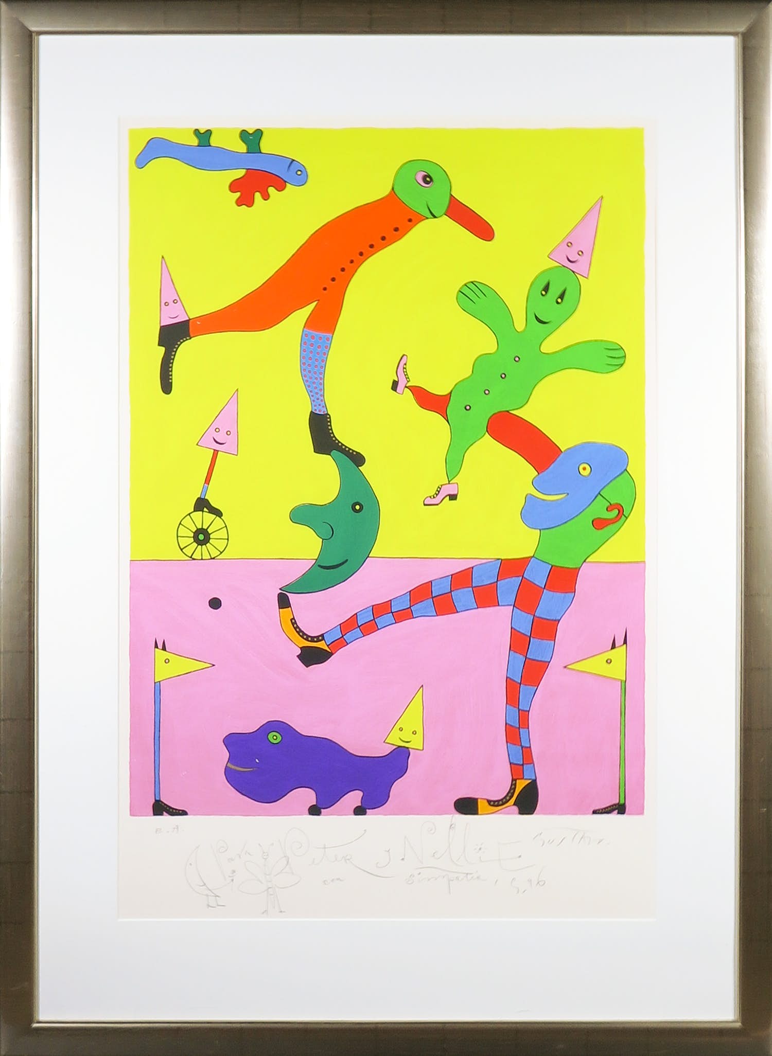 Gustavo Panalver Vico - Zeefdruk, Kleurrijke abstracte figuren - Ingelijst (Zeer groot) kopen? Bied vanaf 50!