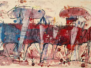 Hannes Postma - paars-rode gemengde techniek (aquarel, inkt) - 1958 - insecten - gesigneerd kopen? Bied vanaf 38!