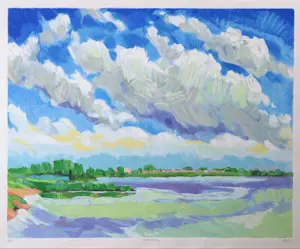 Adri Dijkhorst - Zeefdruk, Rivierlandschap kopen? Bied vanaf 40!