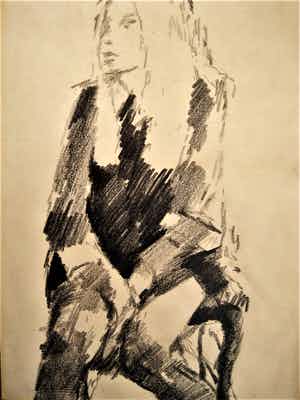 Frans Kohler - Leuke jaren 60 (1968) Houtskooltekening "zittend meisje" gesigneerd verkocht voor € 18!