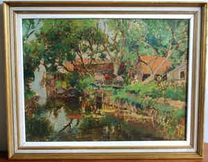 Gerbrand Frederik van Schagen - Landschap aan het water, groot schilderij verkocht voor € 325!