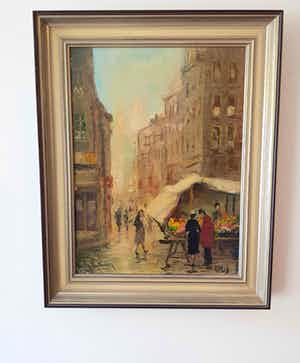 Niet of onleesbaar gesigneerd - Mooi Frans aangezicht van een markt in Parijs. Handgesigneerd. verkocht voor € 10!