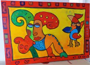 Simon & Bruno - Prachtig, kleurrijk werk op paneel verkocht voor € 175!