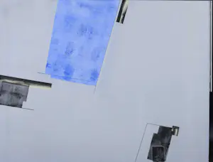 Menno Meijer - Gemengde techniek op doek, Abstracte compositie in blauw en grijs kopen? Bied vanaf 1!