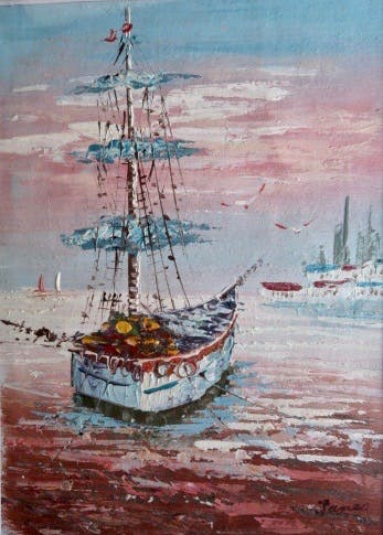 Niet of onleesbaar gesigneerd - Zeezicht met Zeilschip - Pastel olieverf - Gesigneerd met James kopen? Bied vanaf 1!